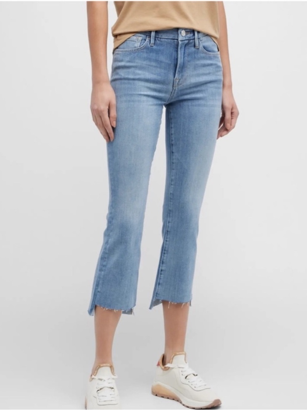 FRAME Le Crop Mini Boot Jeans Tidepool Worn Raw Hem Light Wash 31
